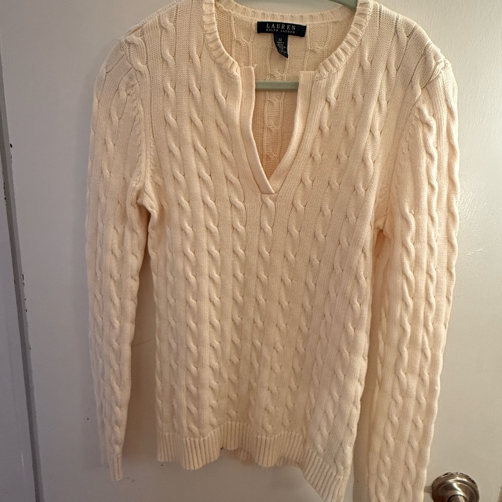 Lauren Ralph Lauren Ivory V-Neck Cable Sweater